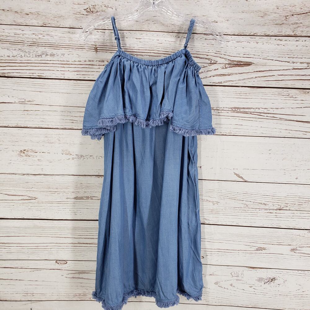 Easel Women's Blue Chambray Off Shoulder Fringe Side Pockets Dress Size Small